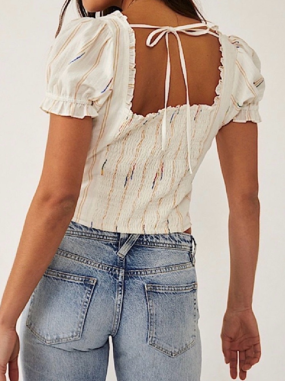 🌈▫️ Free People Cream Seratonin Corset Smocked Square-Neck Top Multi-Stripe ▫️🌈 - Picture 3 of 9
